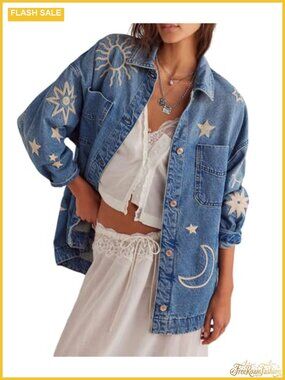 Women Embroidered Boyfriend Denim Jacket Button Up Oversized Trucker Jean Coat